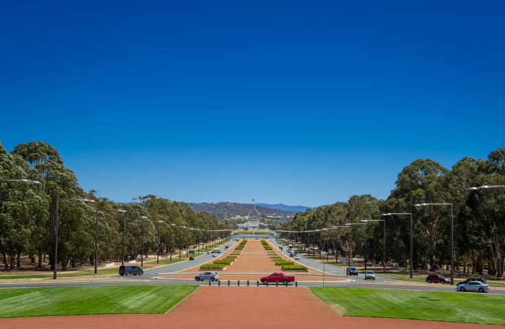 A view of Parliament House taken from the War Memorial in Canberra, ACT.